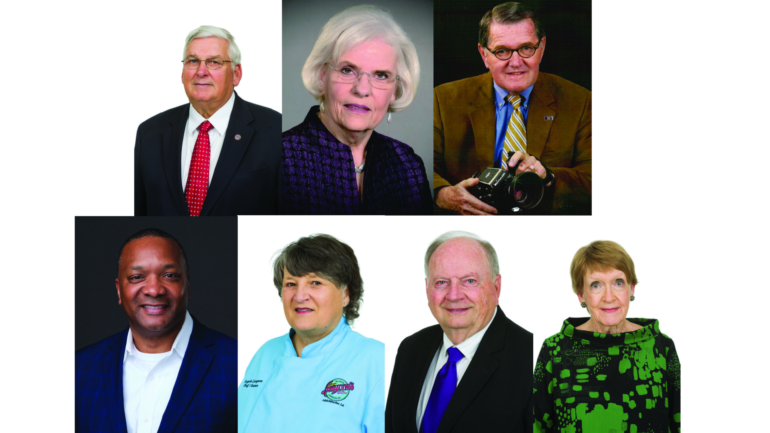 2025 Long Purple Line inductees, top row from left, Richard Keith Bergeron of New Roads, Jacque Crew of Shreveport, the late Robert Crew, bottom row from left, Dr. Marcus Jones of Winnfield, Angela Lasyone and Lee Posey of Natchitoches and Christine “Chris” Weaver of Lafayette.